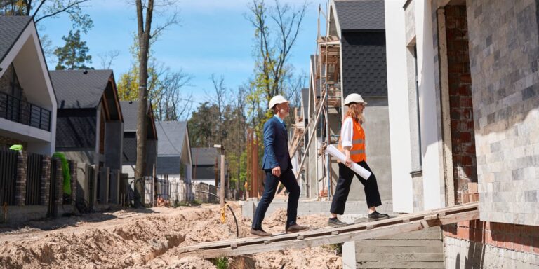 Dos personas visitando la construcción de su vivienda